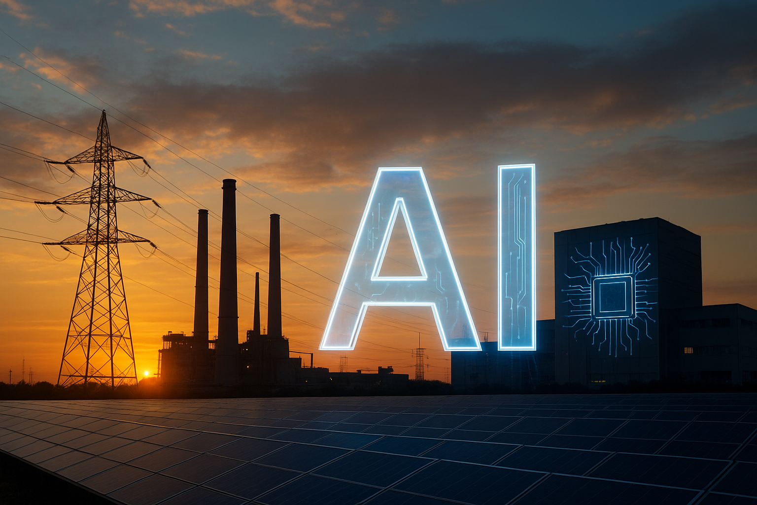 A futuristic industrial landscape at sunset featuring power lines, solar panels, and a glowing AI symbol representing the rise of artificial intelligence infrastructure.