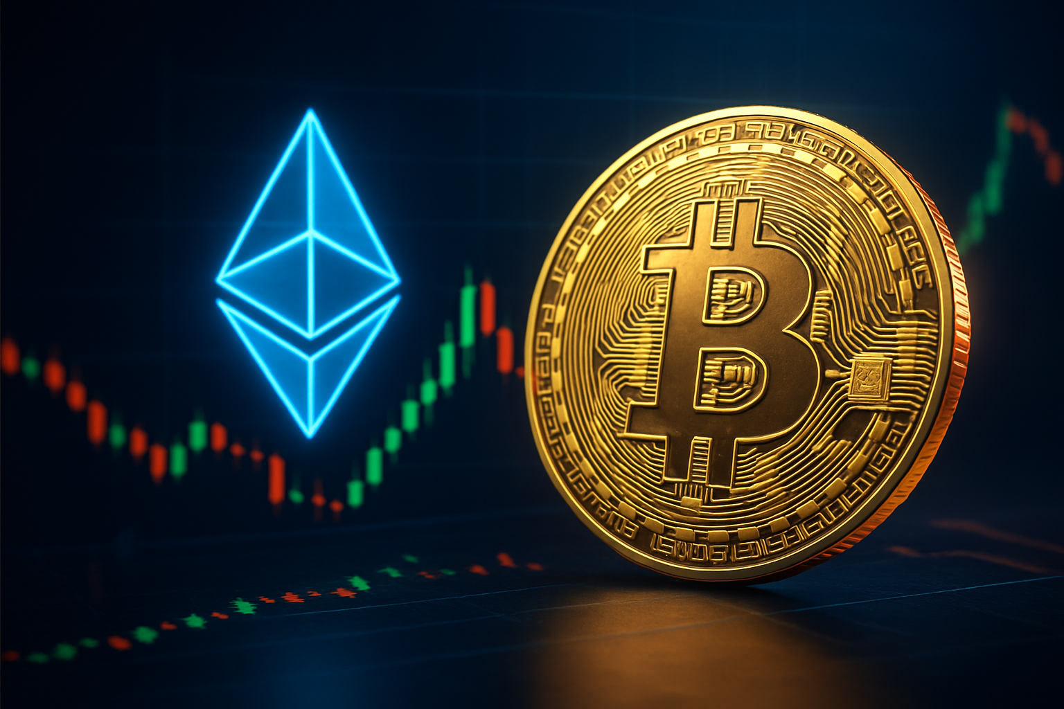 A glowing golden Bitcoin and Ethereum coin surrounded by dynamic digital waves symbolizing market volatility and financial movement.
