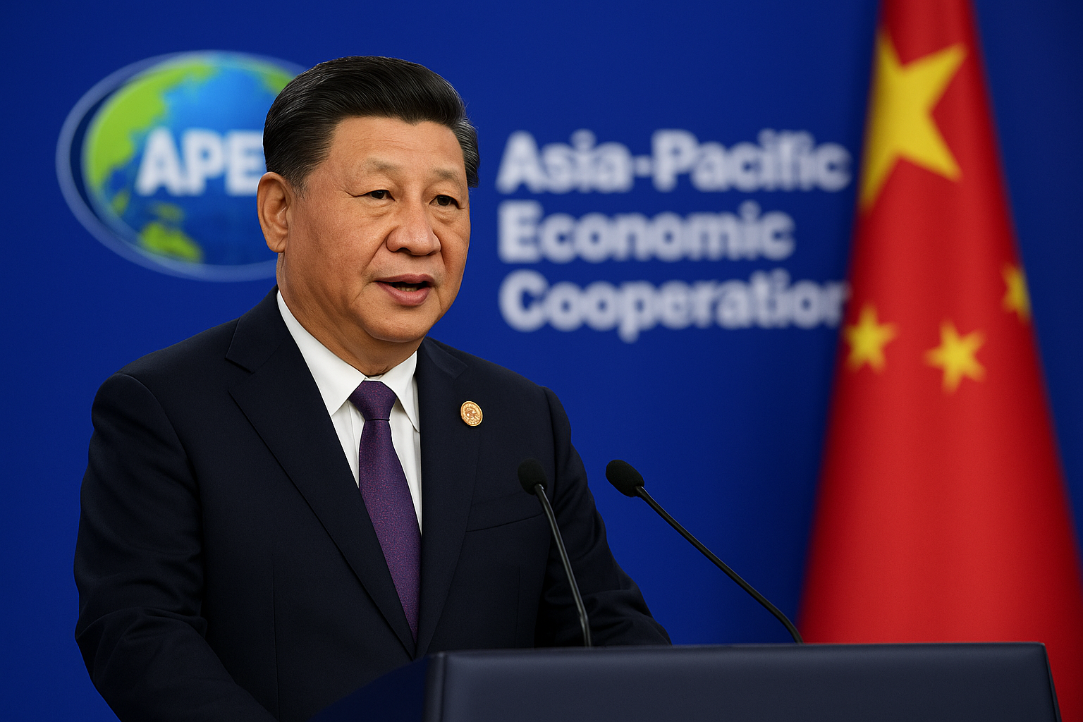 Chinese President Xi Jinping speaking at the APEC summit in South Korea, with the Chinese flag and APEC logo visible in the background.