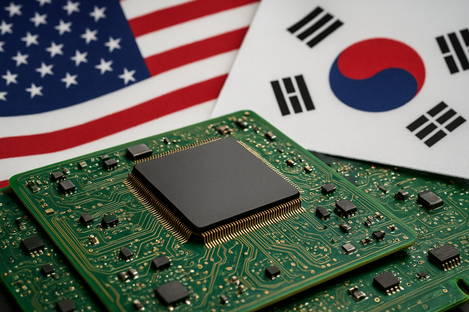 Close-up of a semiconductor chip on a green circuit board with U.S. and South Korean flags in the background, symbolizing tech and AI collaboration.