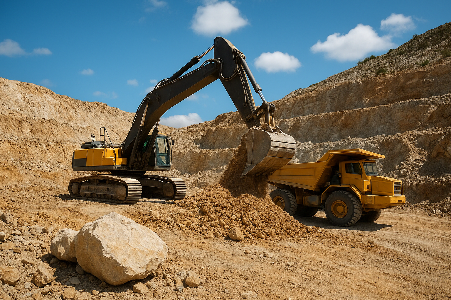 Excavator loading earth into a large yellow dump truck inside a lithium open-pit mine under a clear blue sky.