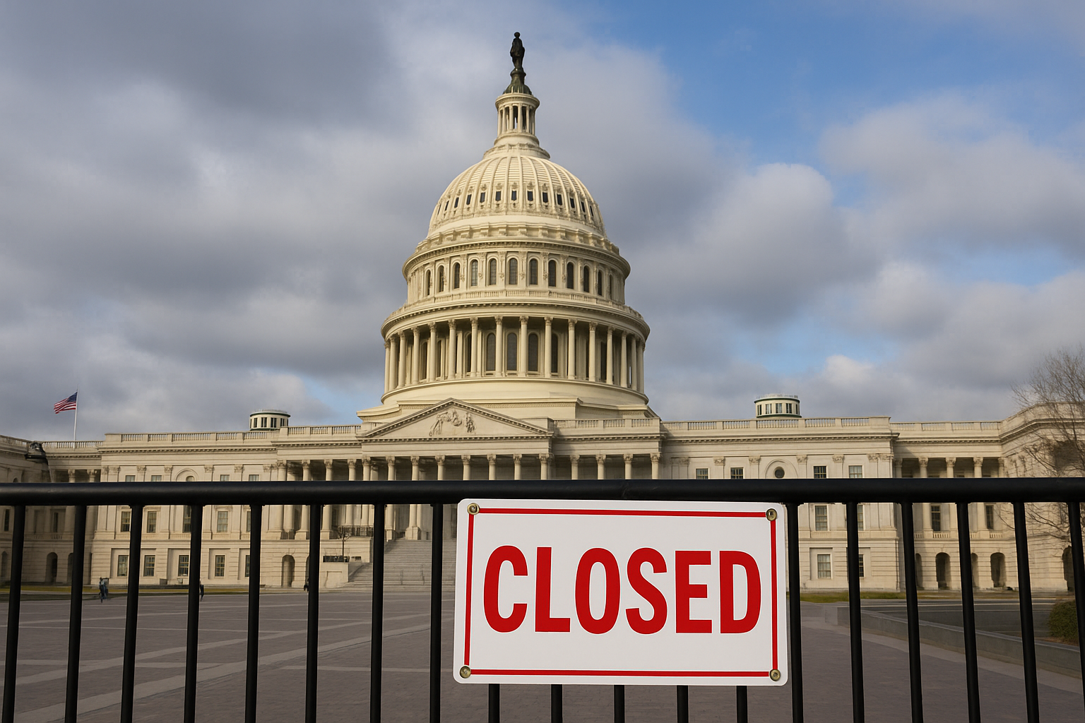 The U.S. Capitol building at dusk with a cloudy sky, symbolizing political tension and legislative stalemate in Washington, D.C.