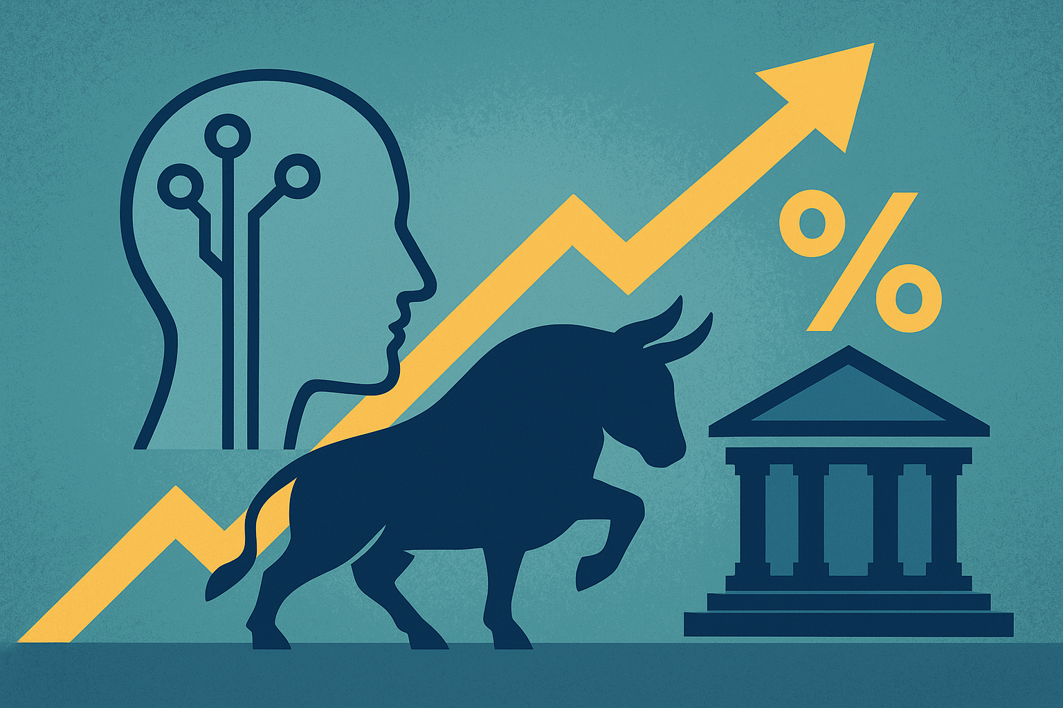 Illustration of a bullish market represented by a charging bull, AI circuit head, and an upward arrow symbolizing stock gains and rate cut optimism.