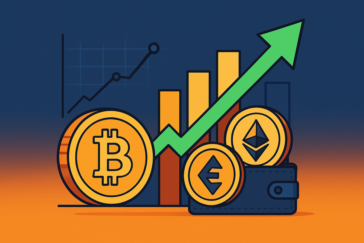 Illustration showing Bitcoin, Ethereum, and other cryptocurrencies rising in value with an upward chart and green arrow.