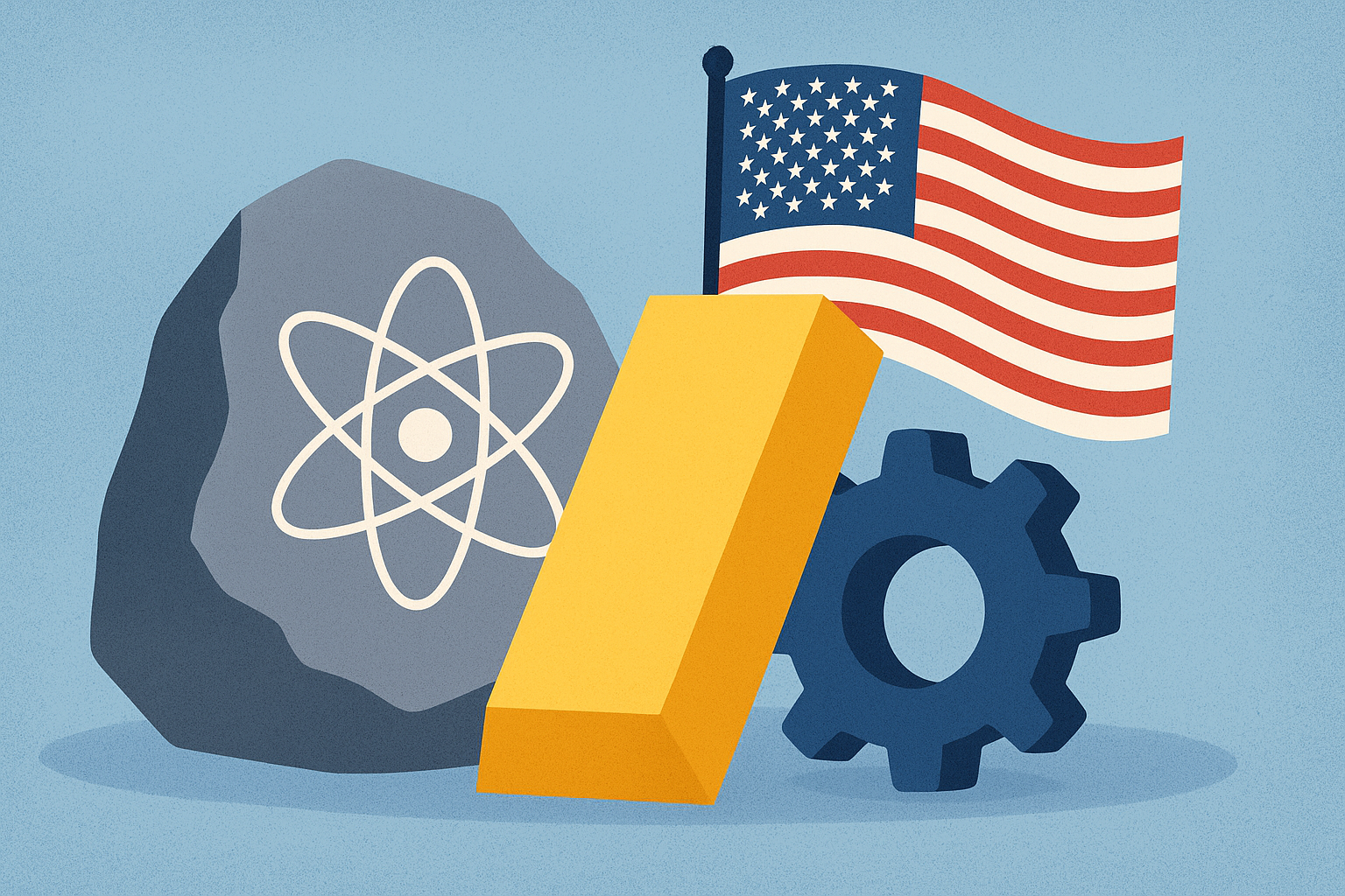 Illustration of a rare earth rock with an atomic symbol beside a gold bar, a blue gear, and an American flag in the background.