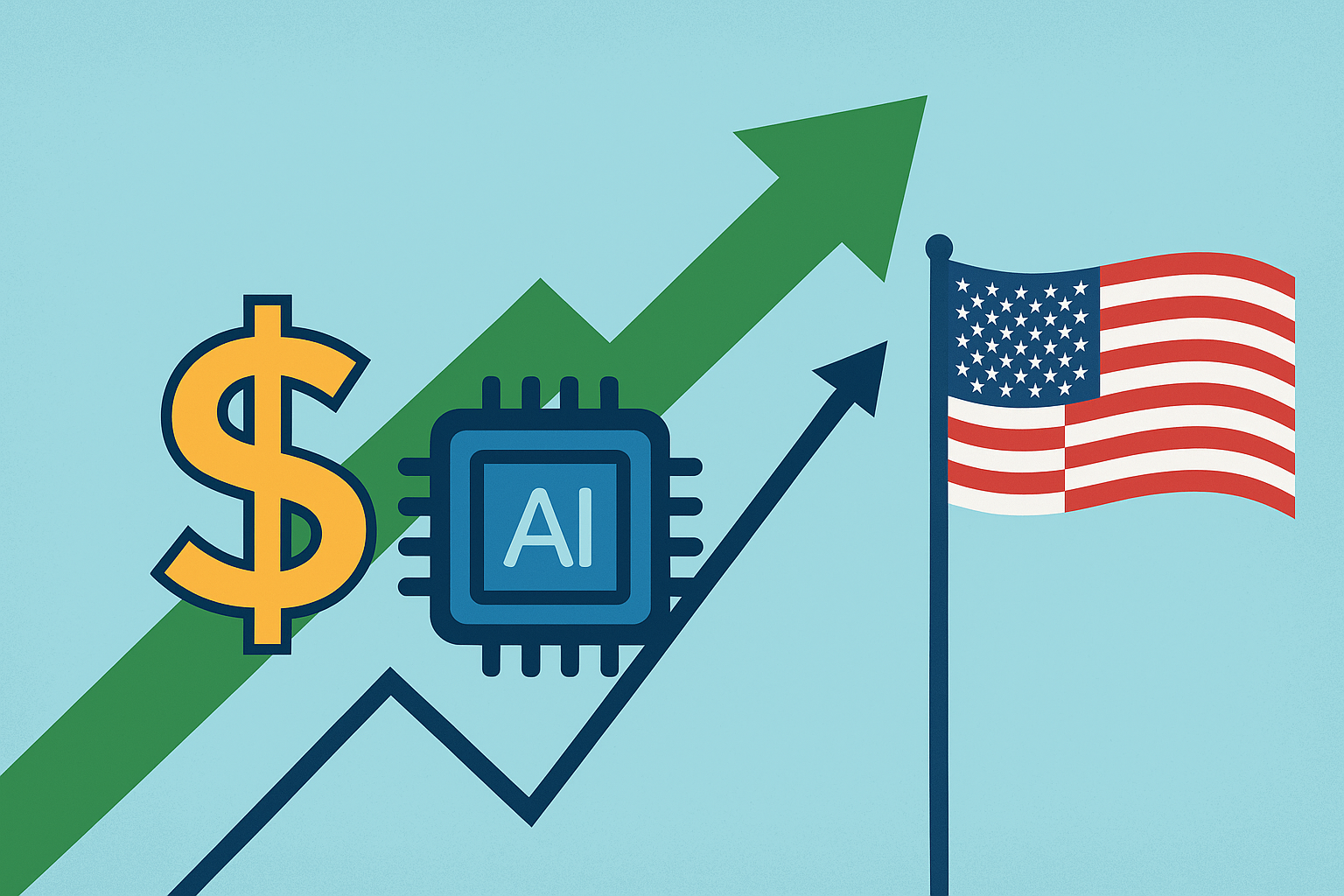 Illustration showing a rising stock chart, glowing tech circuit patterns, and silhouettes of skyscrapers symbolizing Wall Street and Silicon Valley growth.