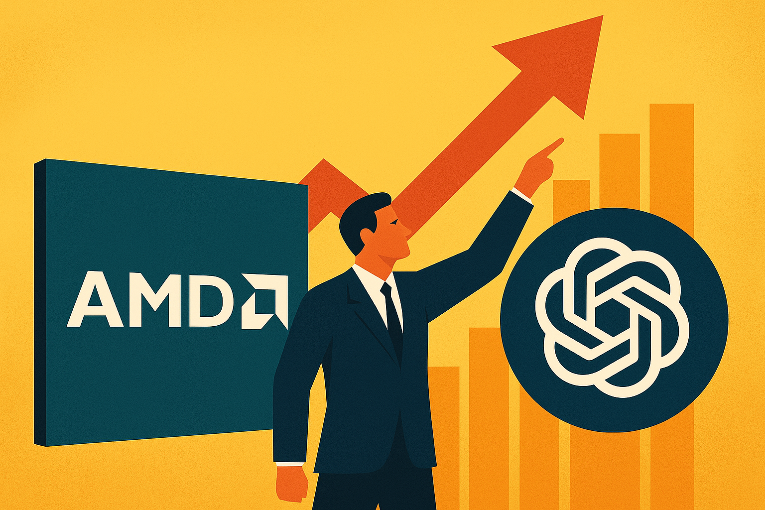 Illustration of a businessman pointing upward with AMD and AI logos in the background, symbolizing rising market performance.