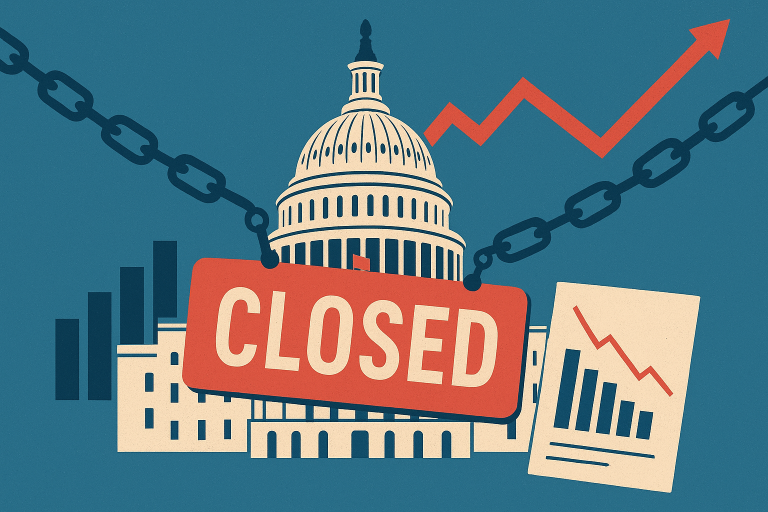Illustration of the U.S. Capitol building chained shut with economic charts in the background, symbolizing a government shutdown halting key data releases.