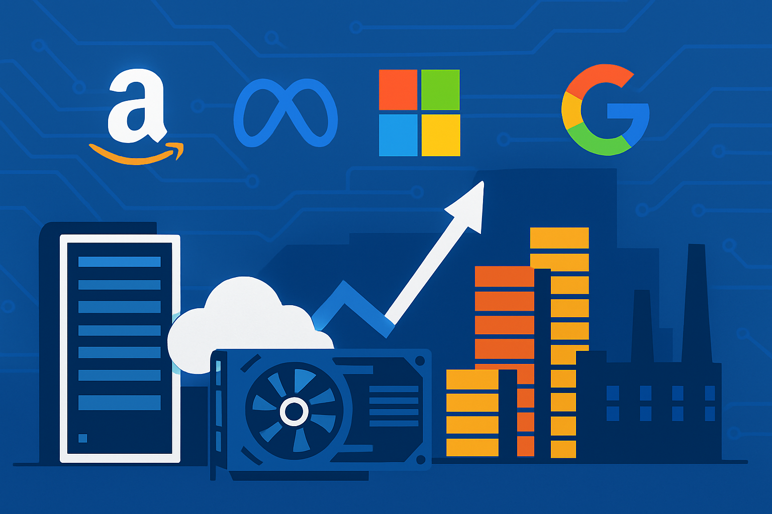 Illustration showing Amazon, Meta, Microsoft, and Google logos above data centers, GPUs, and cloud infrastructure representing AI investment growth.