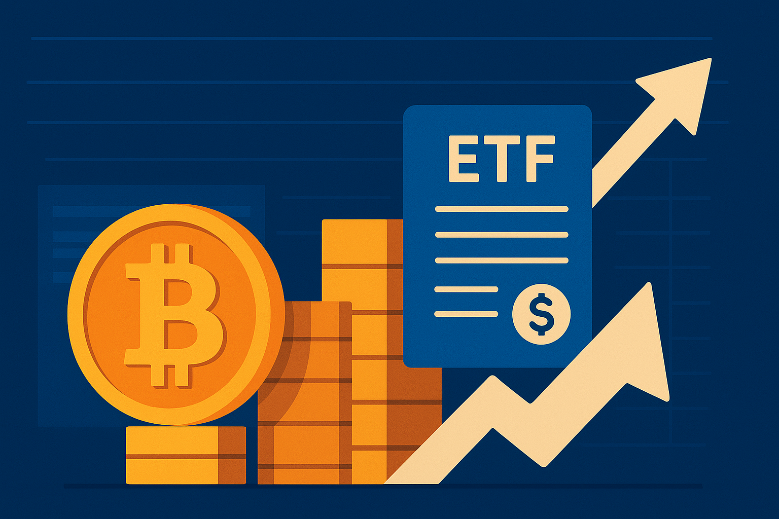 Illustration of a Bitcoin coin beside ETF documents, rising financial bars, and an upward arrow representing growth in crypto investments.