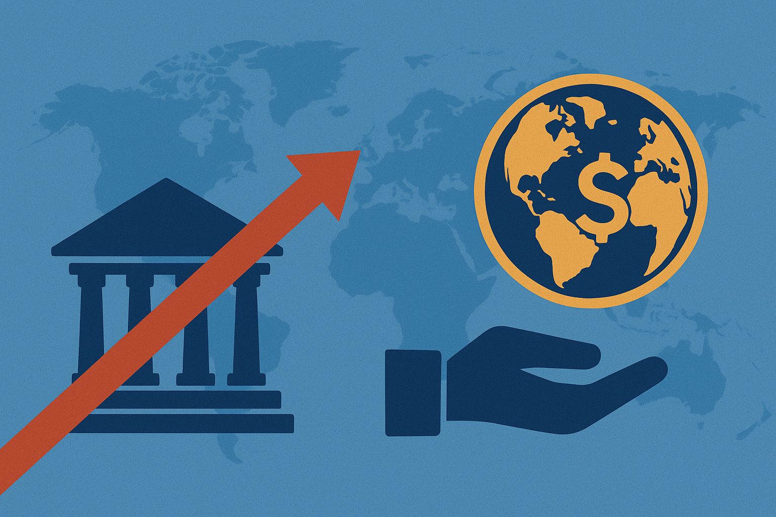Illustration showing global capital movement from Western financial centers toward emerging markets, represented by arrows and growth symbols over a world map.