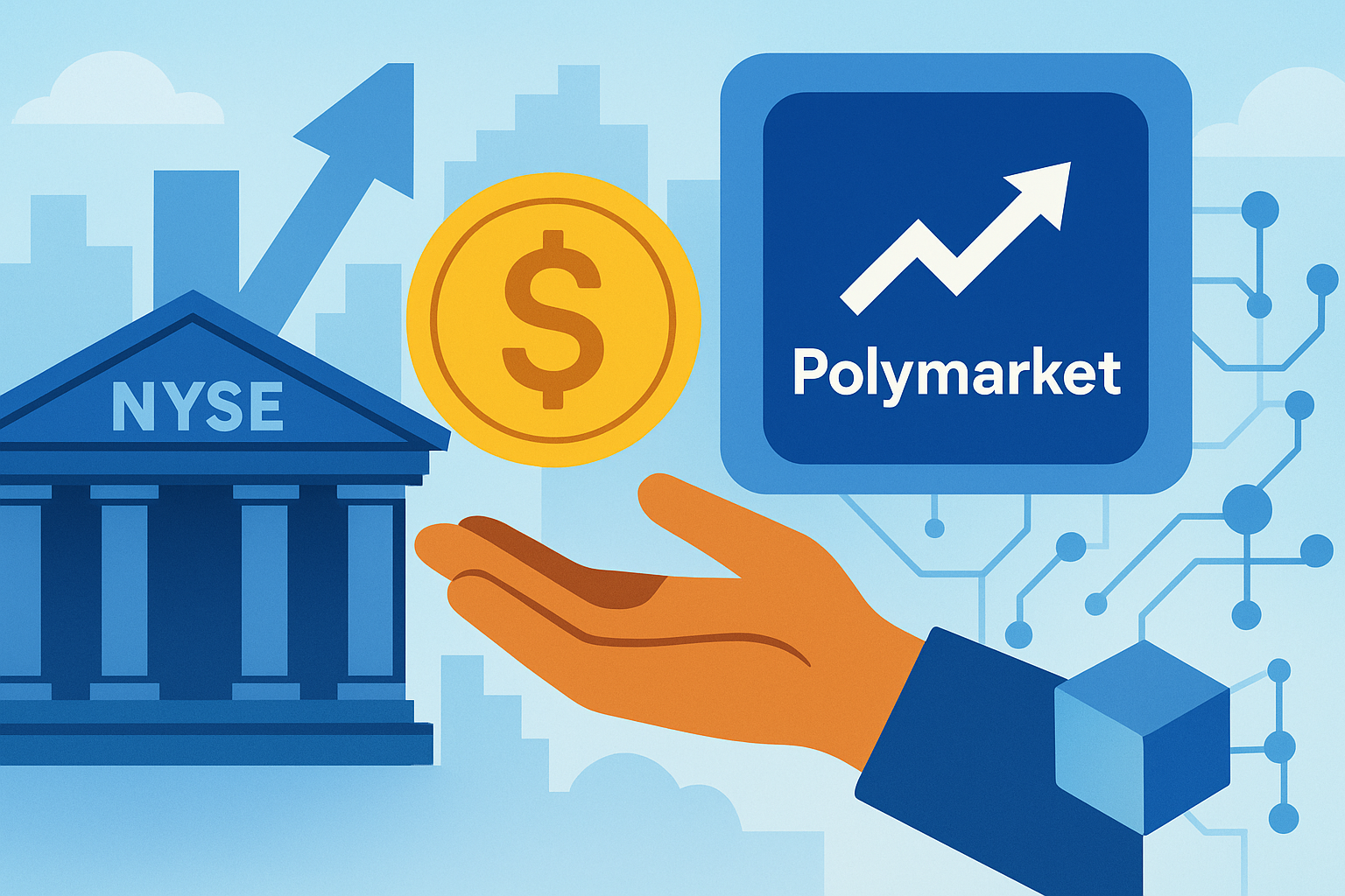 Illustration showing a symbolic transfer between the NYSE building and Polymarket platform, representing traditional finance investing in decentralized markets.