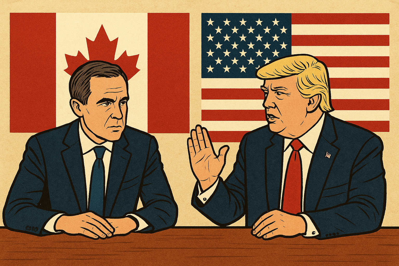 Illustration showing Canadian Prime Minister Mark Carney and U.S. President Donald Trump seated at a table with their national flags behind them, engaged in a serious discussion.