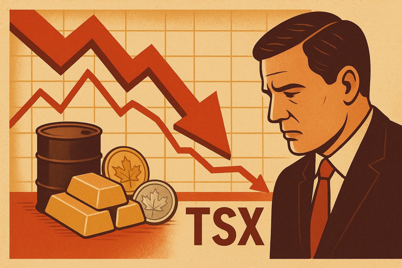 Illustration depicting a downward-trending red arrow over a financial chart with gold bars, oil barrels, and Canadian coins in the foreground, alongside a concerned businessman symbolizing market decline.