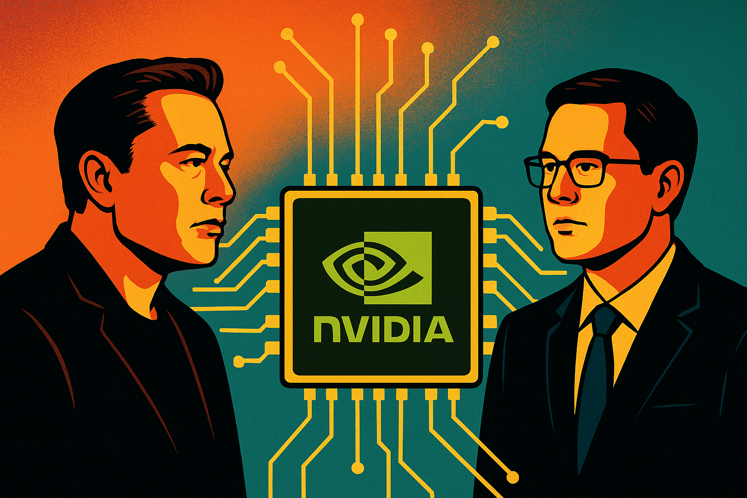 Illustration of Elon Musk facing an NVIDIA executive, connected through a glowing microchip symbolizing collaboration in AI technology.