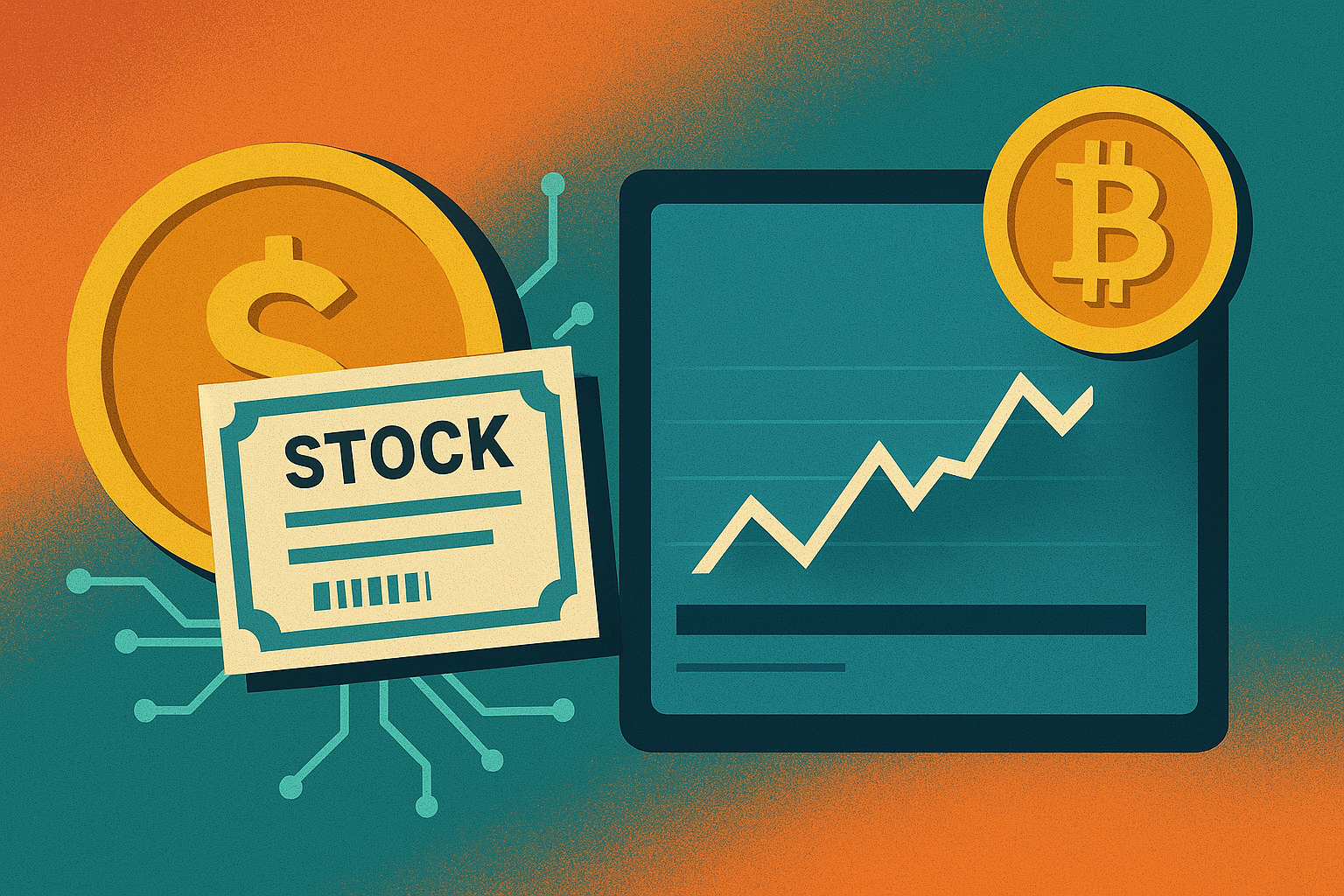 Illustration showing digital coins blending with stock market charts and data lines, symbolizing the rise of tokenized equities and decentralized finance integration.
