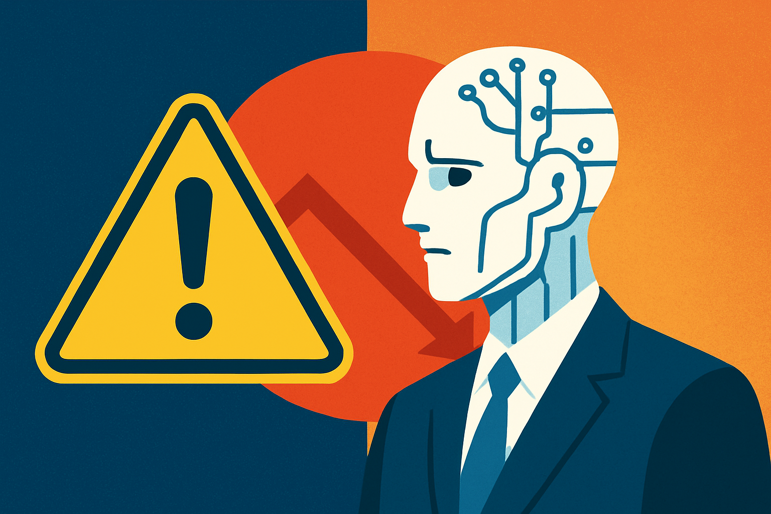 Illustration of a humanoid AI figure in a suit beside a warning sign and a downward arrow, symbolizing risk in AI-driven markets.