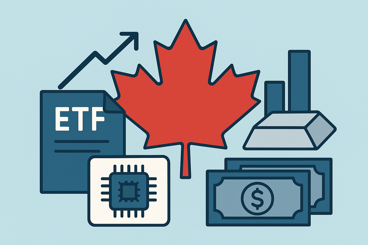 Illustration of a red Canadian maple leaf surrounded by financial icons including an ETF document, silver bars, a microchip, and currency symbols, representing Canada’s growing ETF market.