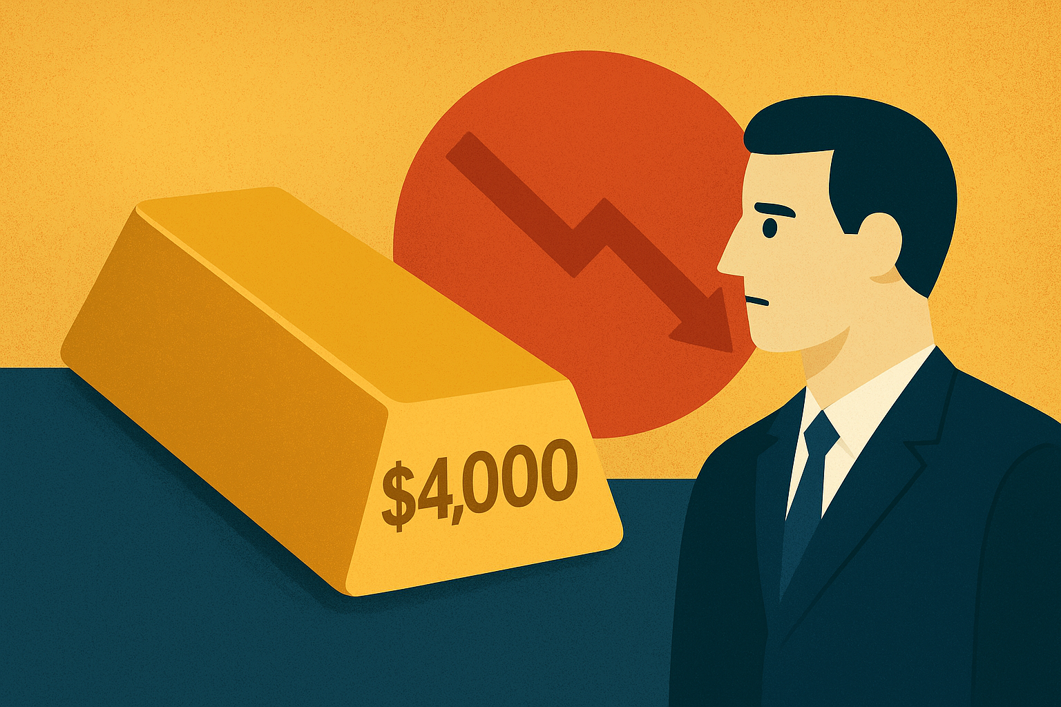 A symbolic digital illustration of a large gold bar radiating light, surrounded by smaller gold coins and reflective surfaces, representing gold’s surge past $4,000 per ounce.