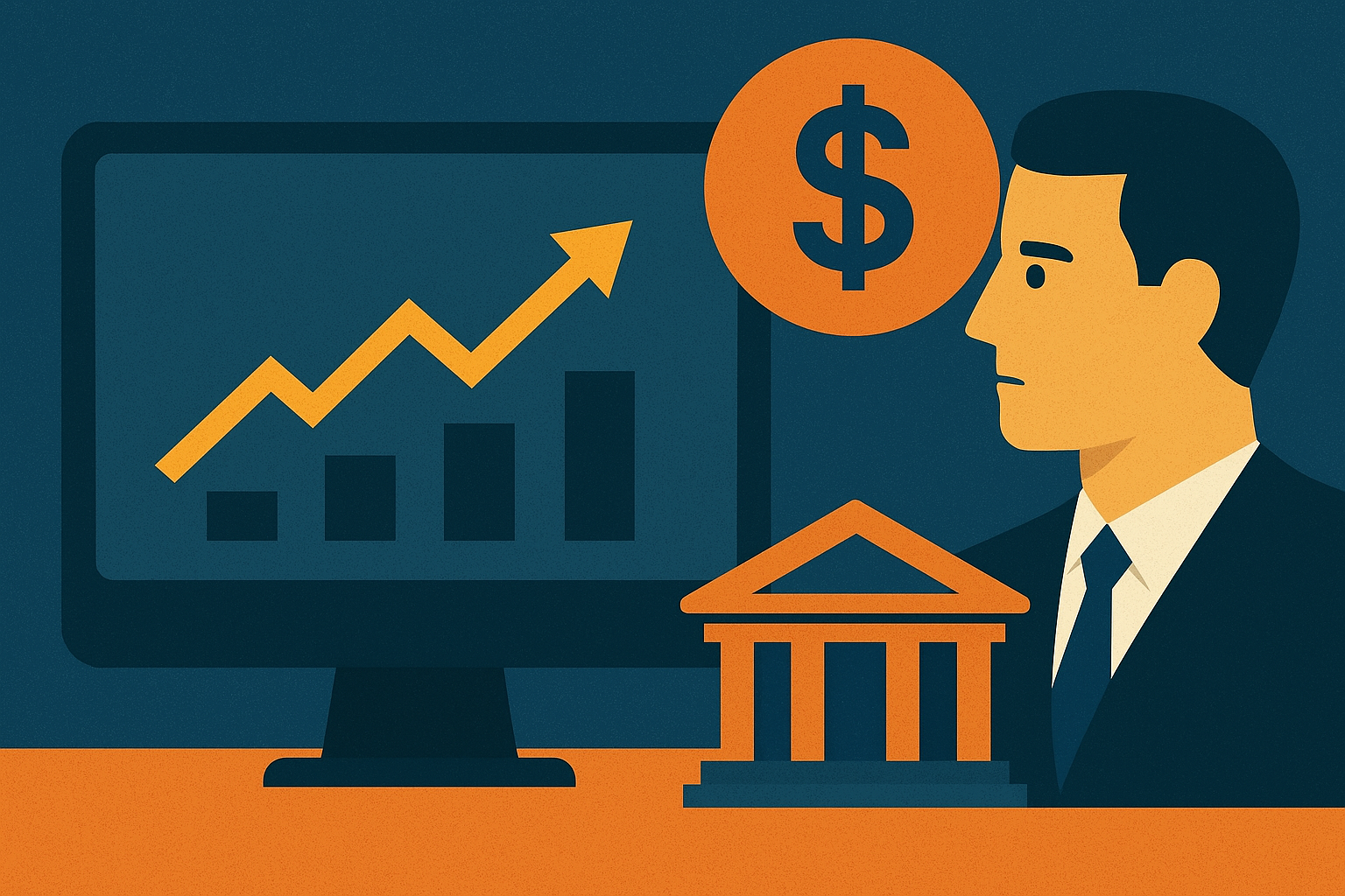 Flat-style illustration of a suited investor observing a computer screen with a rising chart, a dollar sign, and a government building symbolizing the Federal Reserve’s influence on markets
