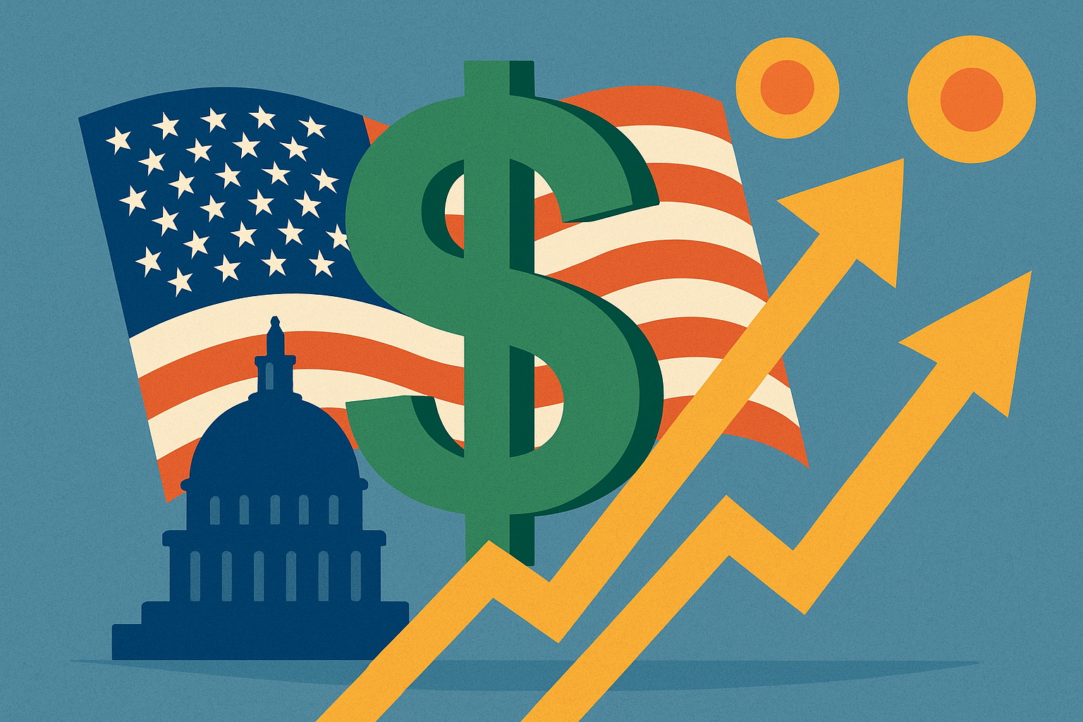 Illustration of a large green dollar sign in front of the U.S. Capitol and flag, with upward arrows symbolizing currency strength and market movement.