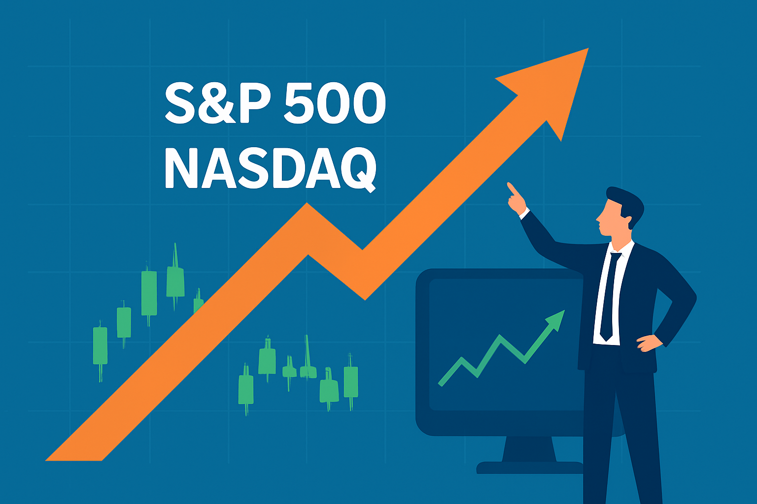 Illustration of a bullish stock market scene with digital charts, upward-pointing arrows, and abstract figures symbolizing investor optimism and technology growth.
