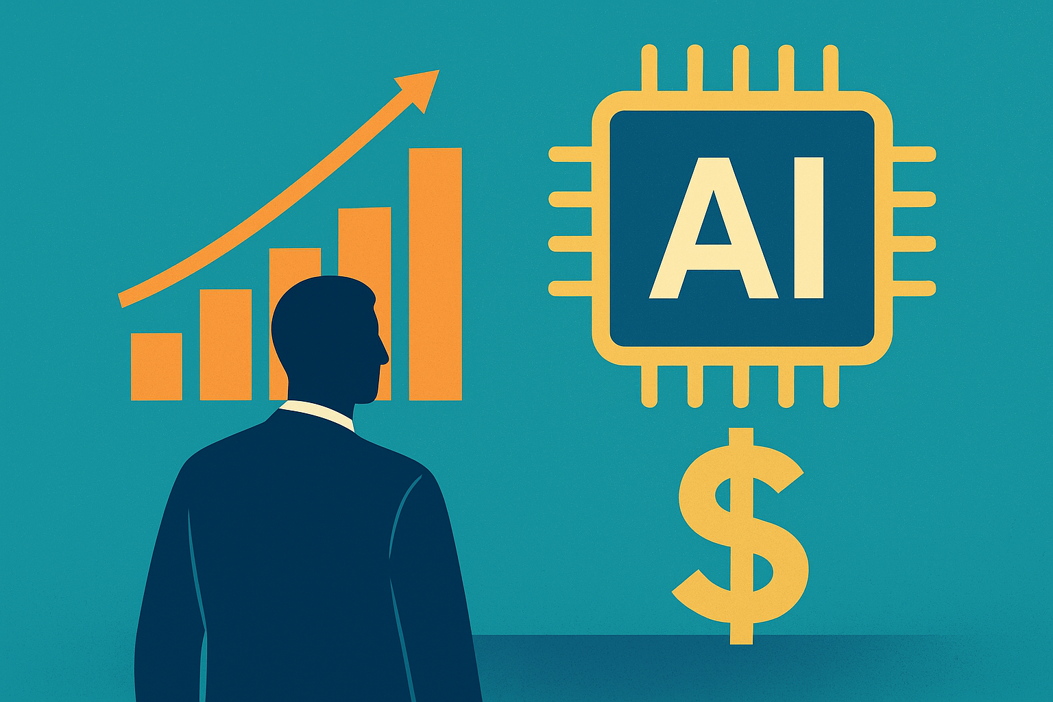 Illustration of a businessman observing a rising bar chart and an AI chip symbol connected to a dollar sign, representing the financial growth of artificial intelligence.