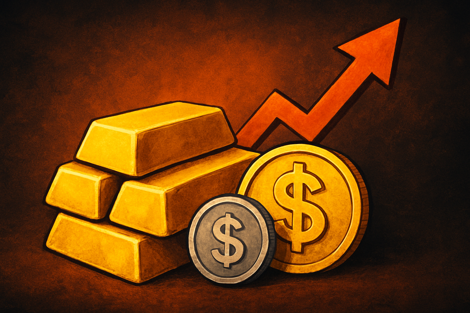 Illustration showing gold bars and coins with an upward arrow representing rising precious metal prices.