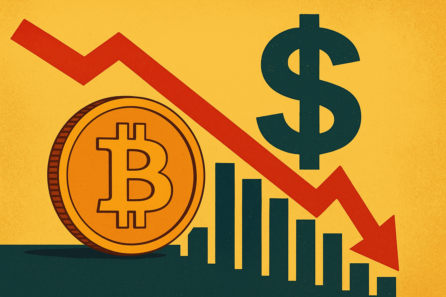 Illustration showing a golden Bitcoin coin, a large dollar sign, and a red downward arrow symbolizing Bitcoin’s decline as the U.S. dollar gains strength.