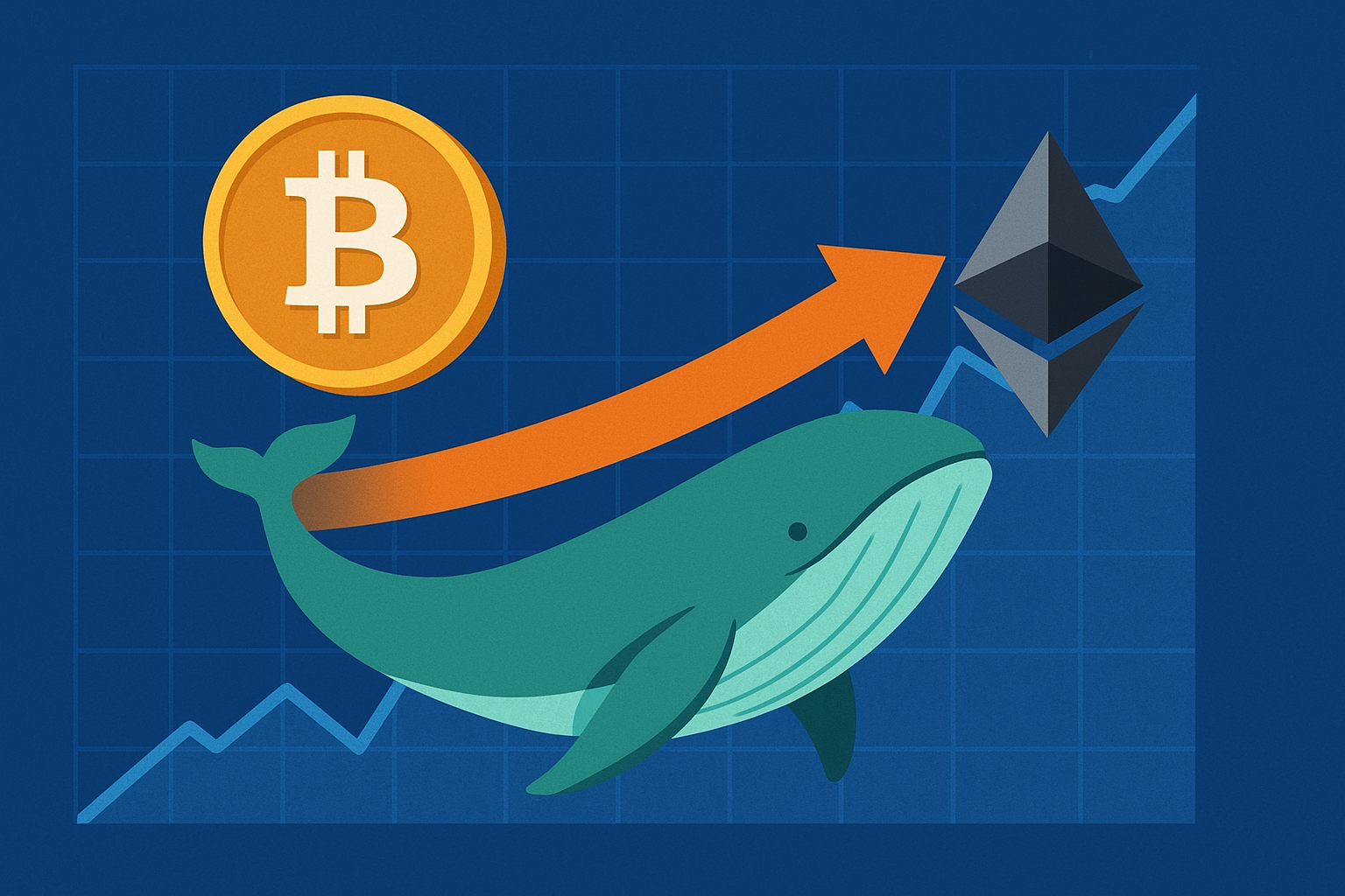 Illustration of a green whale moving between Bitcoin and Ethereum icons with an upward arrow and stock chart background.