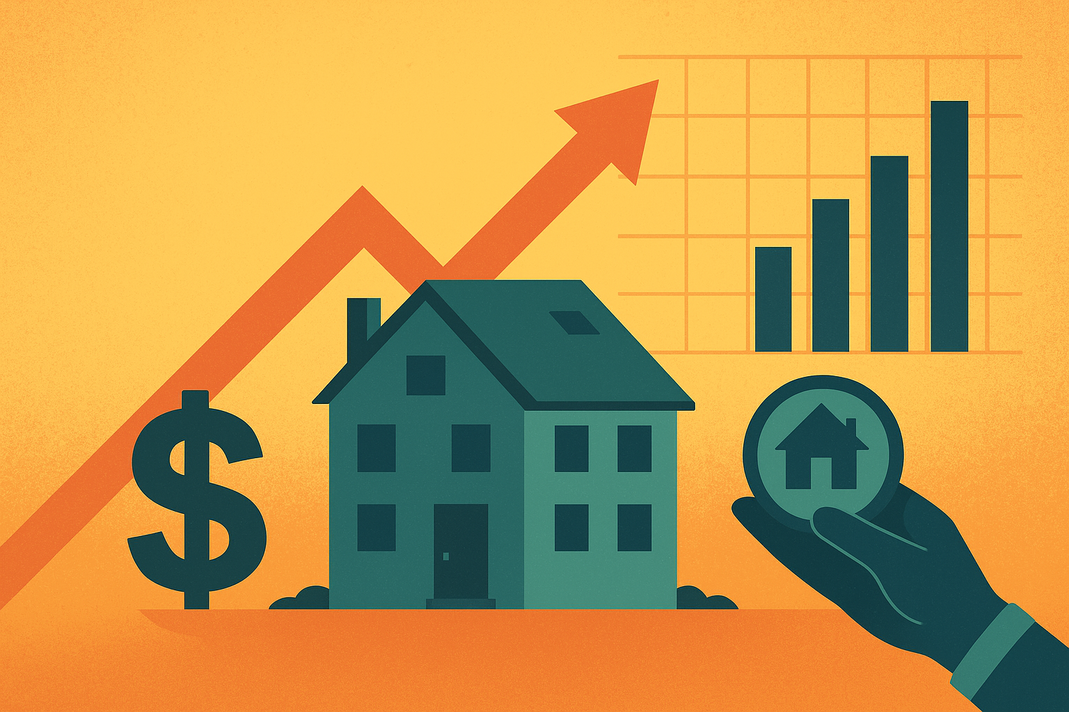 Digital illustration showing growing affordable housing developments with financial graphs symbolizing lending growth.