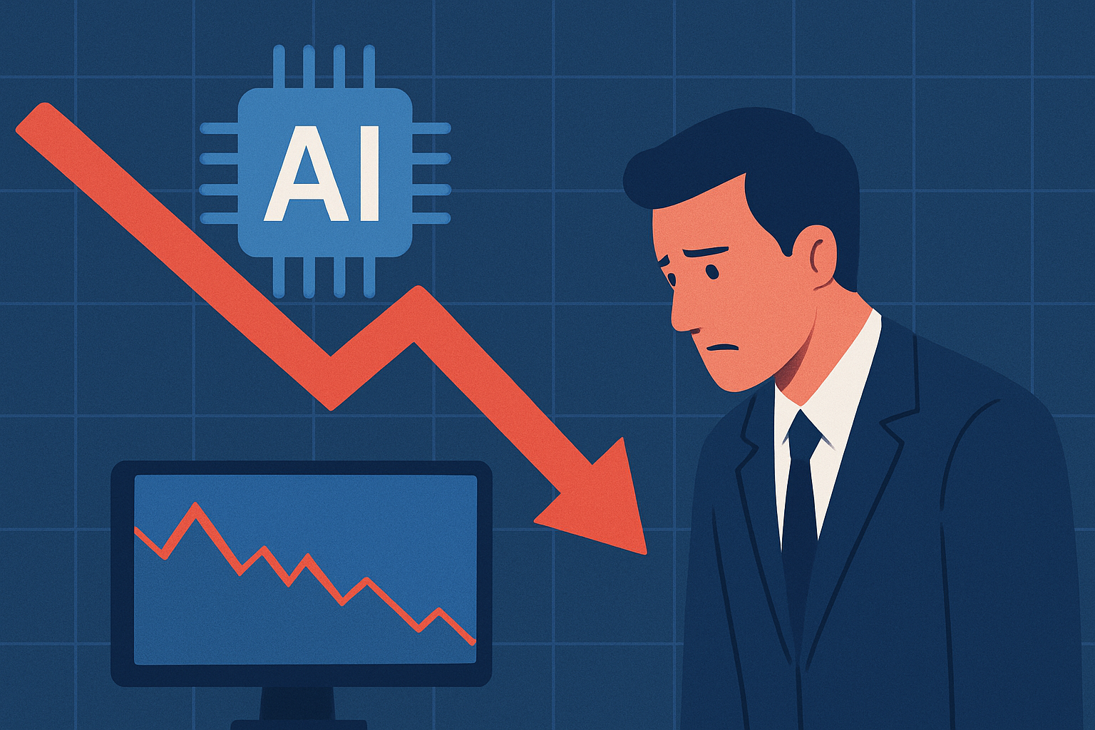 Illustration of a worried businessman beside a downward red stock chart and AI chip symbol, representing falling AI-related tech stocks.