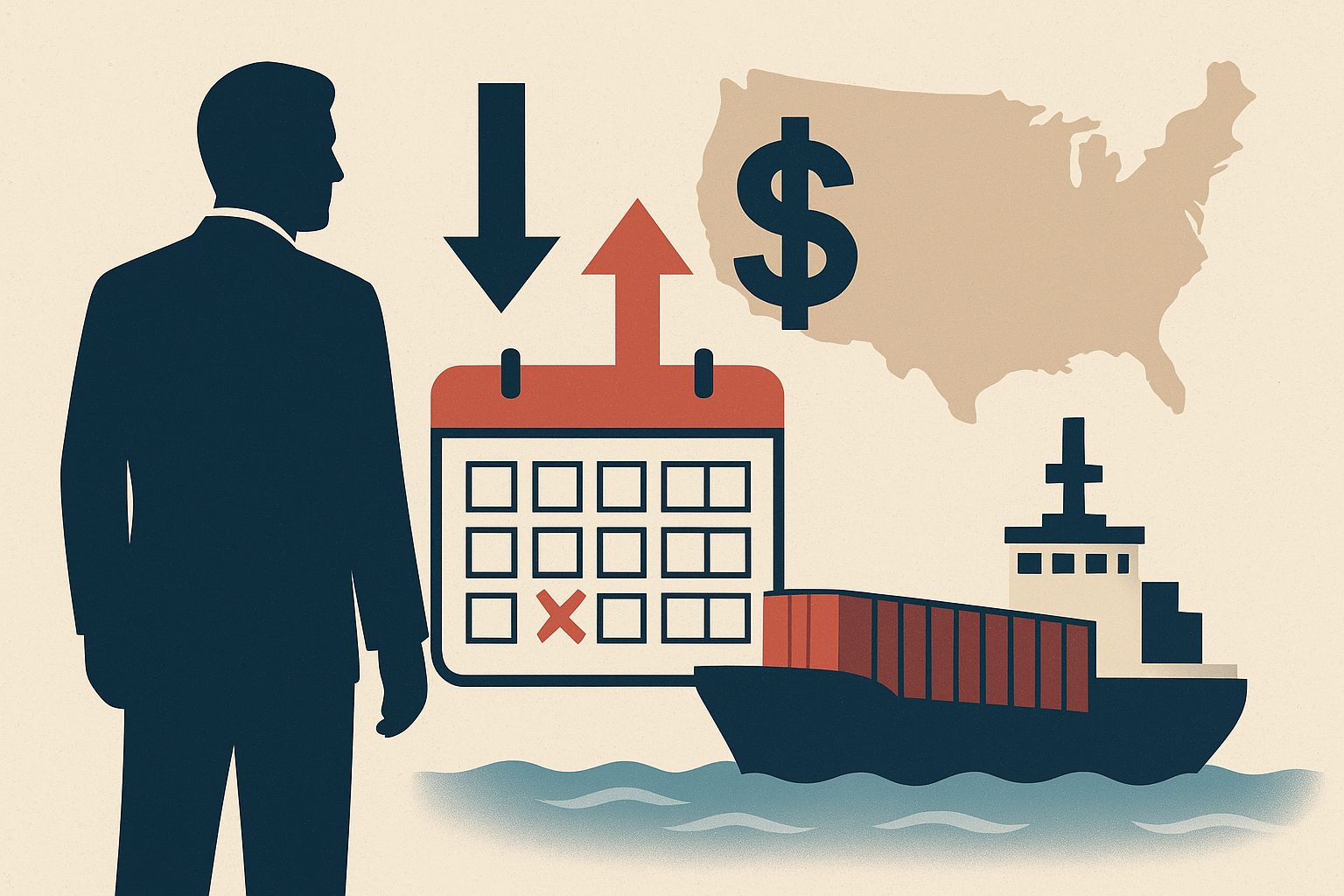 Illustration showing a silhouetted figure, a calendar with a red X, shipping container vessel, U.S. map, and trade-related icons symbolizing tariff and market uncertainty.