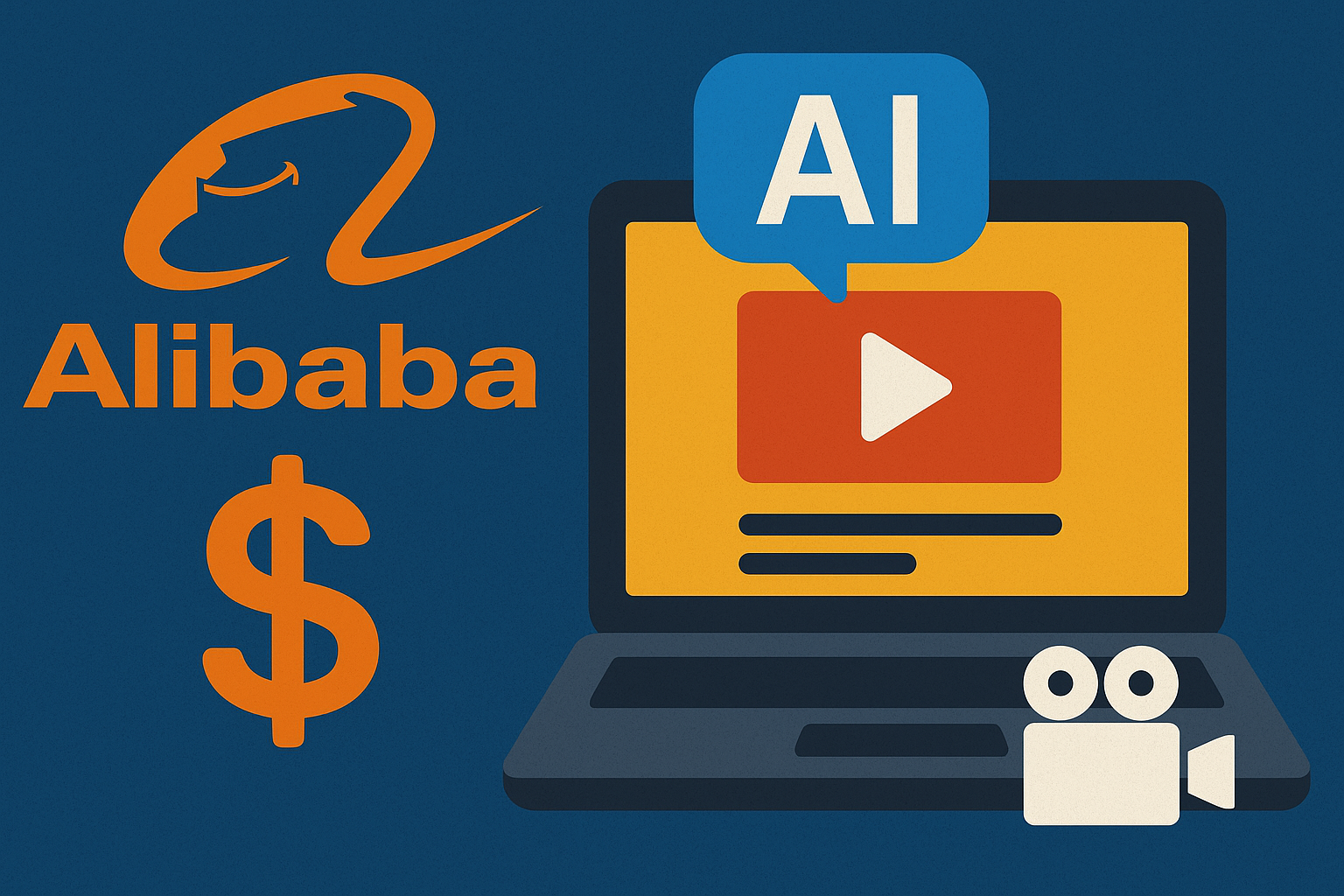 Flat illustration showing Alibaba’s logo, a laptop with a video play button, an AI speech bubble, a dollar sign, and a movie camera symbolizing investment in AI-powered video platforms.