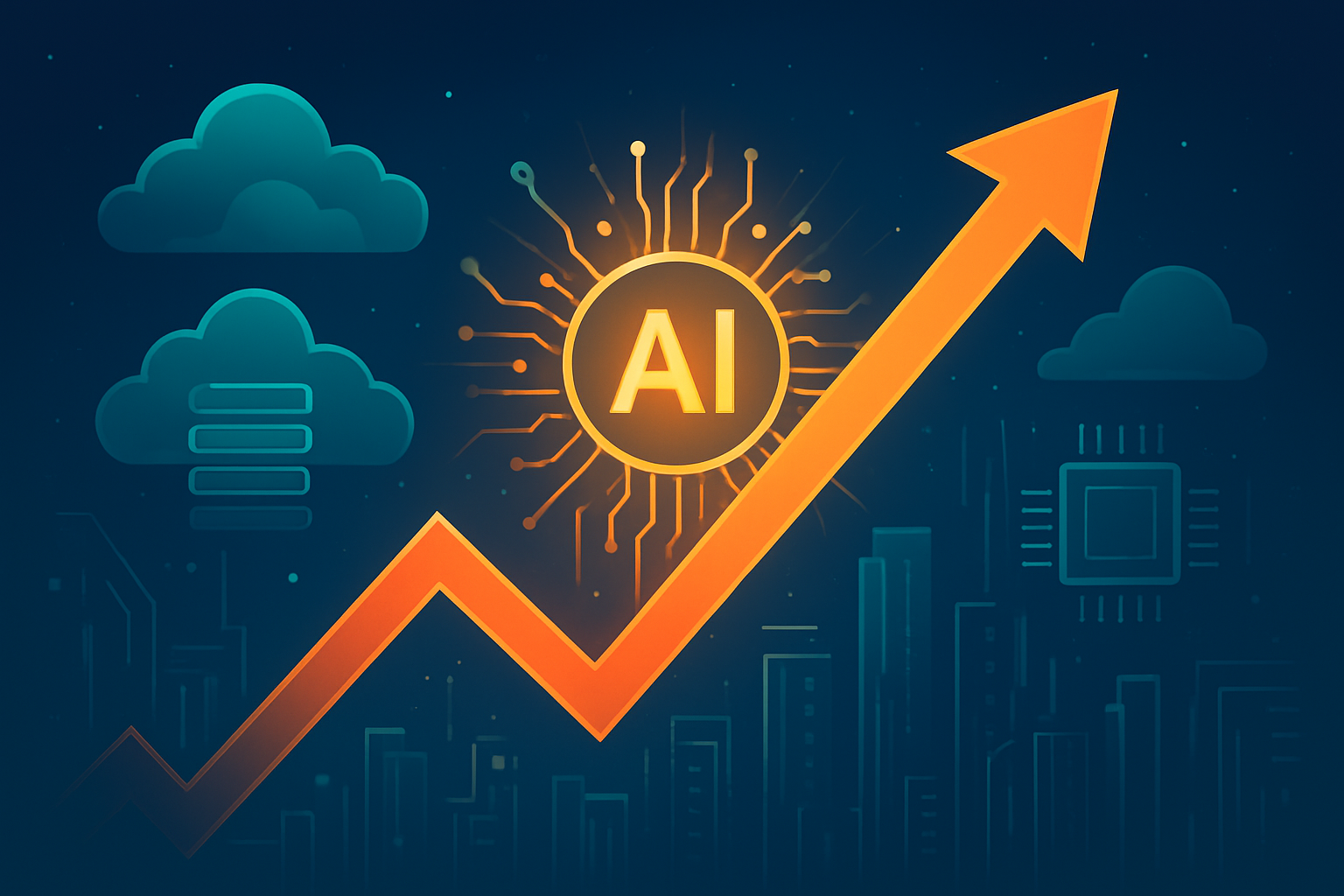 Futuristic illustration of an upward orange stock market arrow cutting through a digital cityscape, with glowing AI and cloud computing symbols representing tech-driven growth.