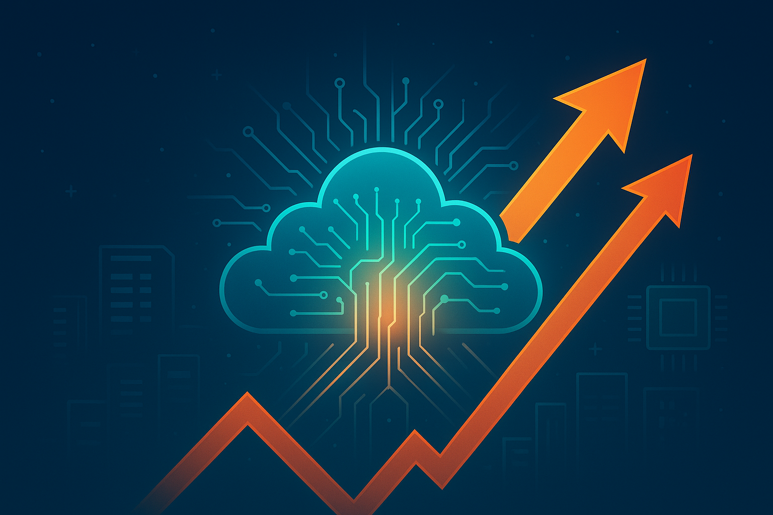 Digital illustration of a glowing cloud icon with circuit-like lines extending outward, alongside sharp upward orange arrows symbolizing Oracle’s cloud growth and stock market surge.