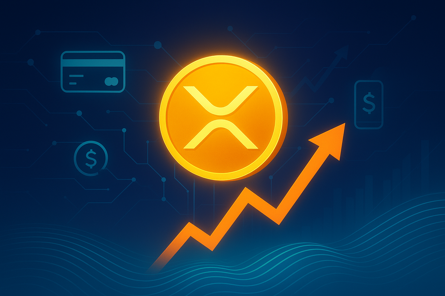A futuristic illustration of a glowing XRP coin rising above digital waves, surrounded by blockchain connections, payment symbols, and market arrows, symbolizing Ripple’s rally and PayFi momentum.