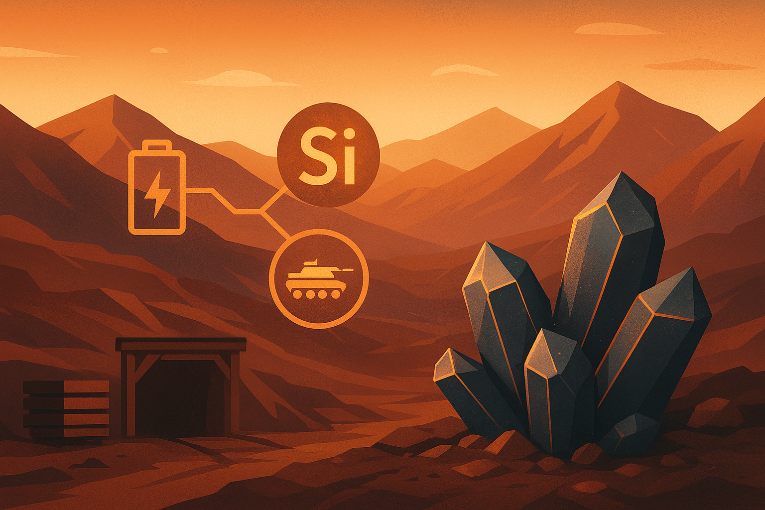 Illustration of dark metallic antimony crystals in a Nevada desert mining landscape at sunset, with symbolic icons of batteries and defense applications floating above.