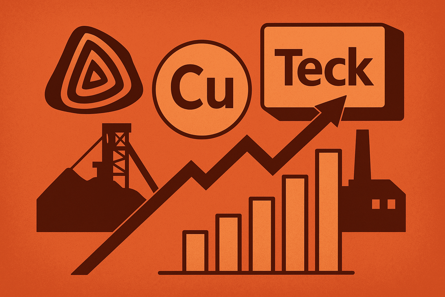 Symbolic illustration of Anglo American and Teck merger featuring copper symbol, mining site, rising bar chart, and industrial factory on a copper-colored background.