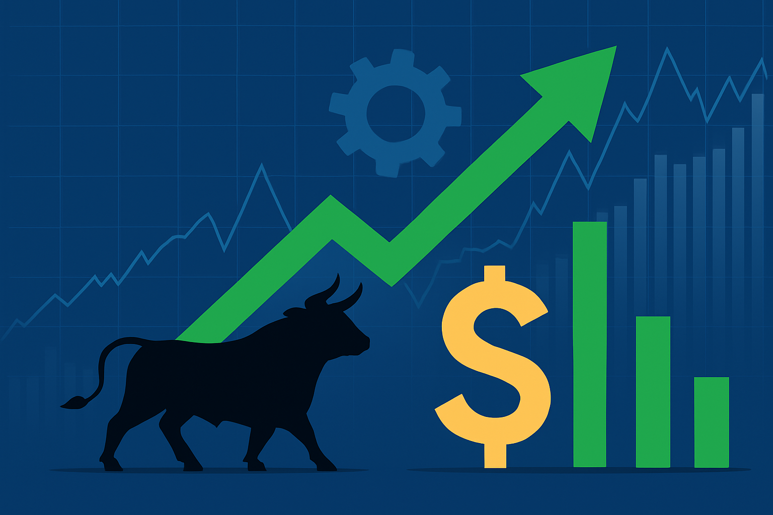 Illustration of a bullish stock market with a rising green arrow, a black bull, dollar sign, and financial bar chart.