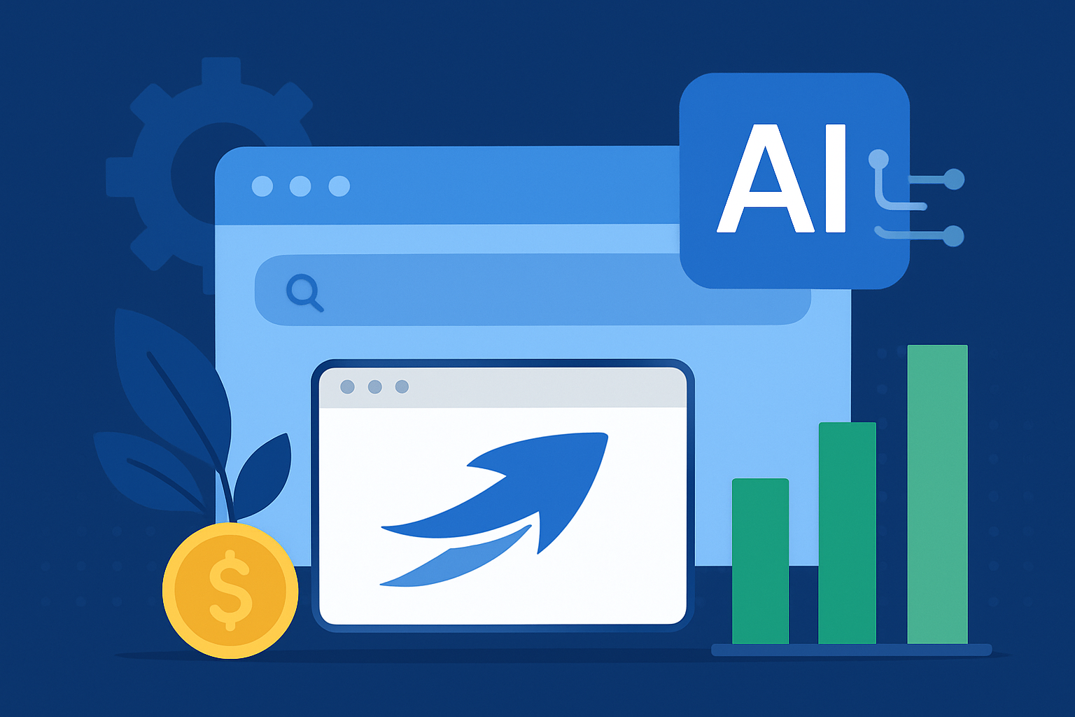 Illustration of AI-powered browser windows with an AI icon, dollar coin, and green growth bars.