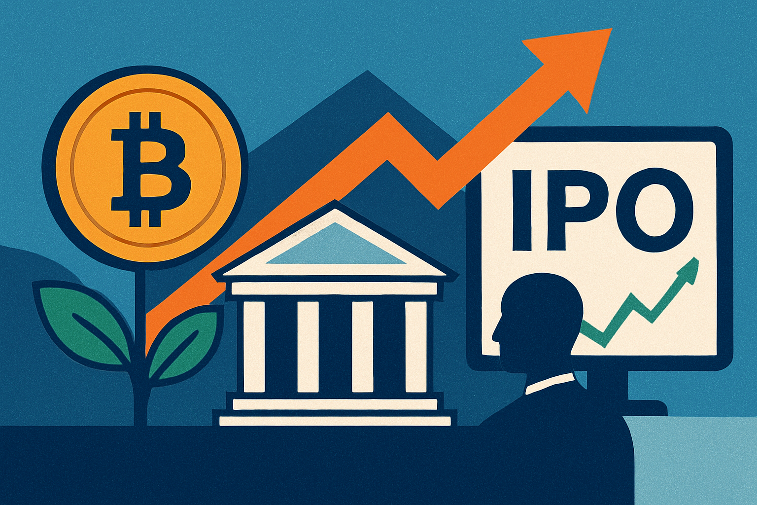 Illustration showing Bitcoin symbol growing from a plant beside a traditional bank building, an upward arrow, and a screen labeled IPO with a rising chart.