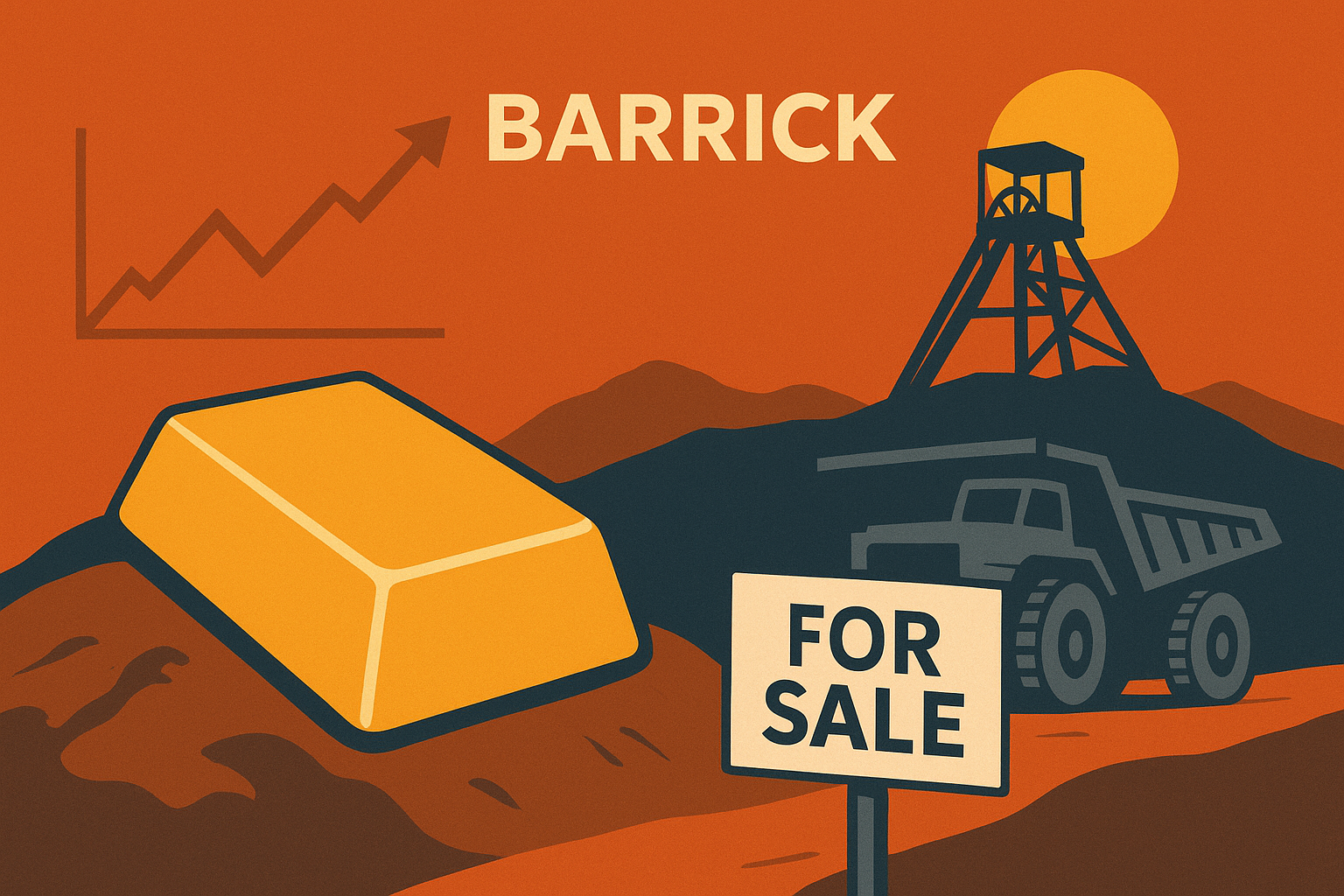 Illustrated scene of a gold bar, mining truck, and "For Sale" sign with a mine structure and rising sun in the background, symbolizing Barrick Gold’s sale of its Hemlo mine.