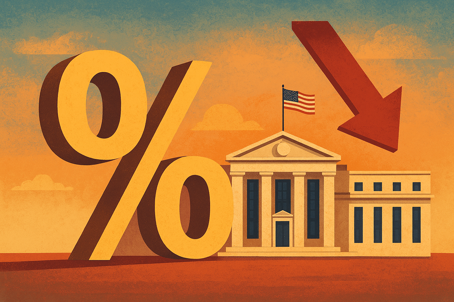 Illustration of a large golden percentage symbol and a downward red arrow above the Federal Reserve building, symbolizing an interest rate cut.