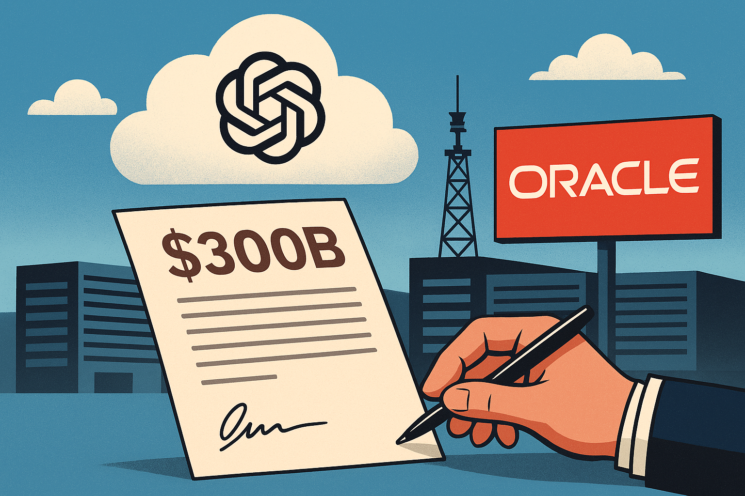 Illustration of a business contract marked $300B being signed, with the OpenAI logo in a cloud above and an Oracle sign next to data center buildings.
