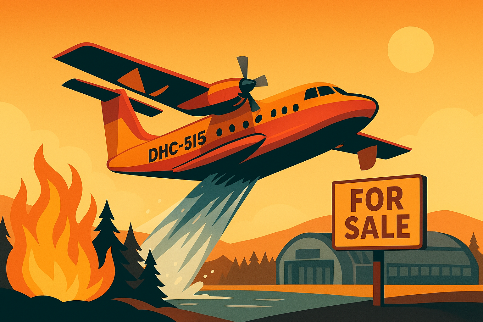 Illustration of a De Havilland DHC-515 waterbomber aircraft flying low over a forest fire, releasing a stream of water to suppress the flames.