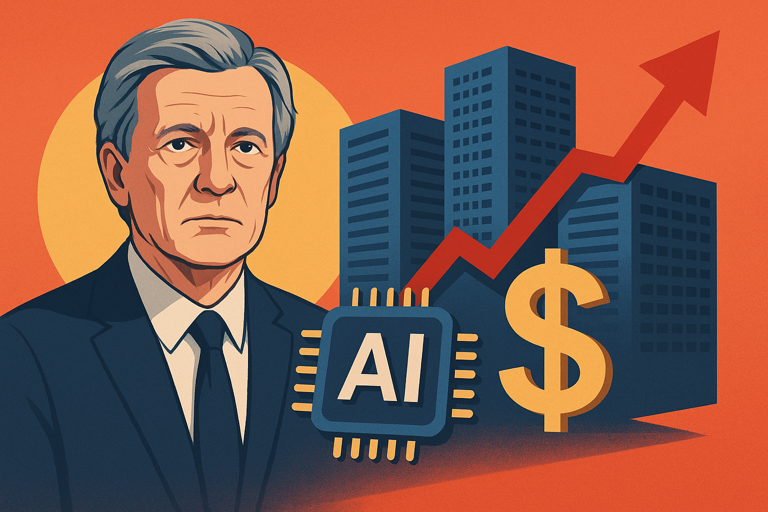 Illustrated portrait of Bill Gross in front of data center buildings, AI chip symbol, dollar sign, and upward financial arrow.