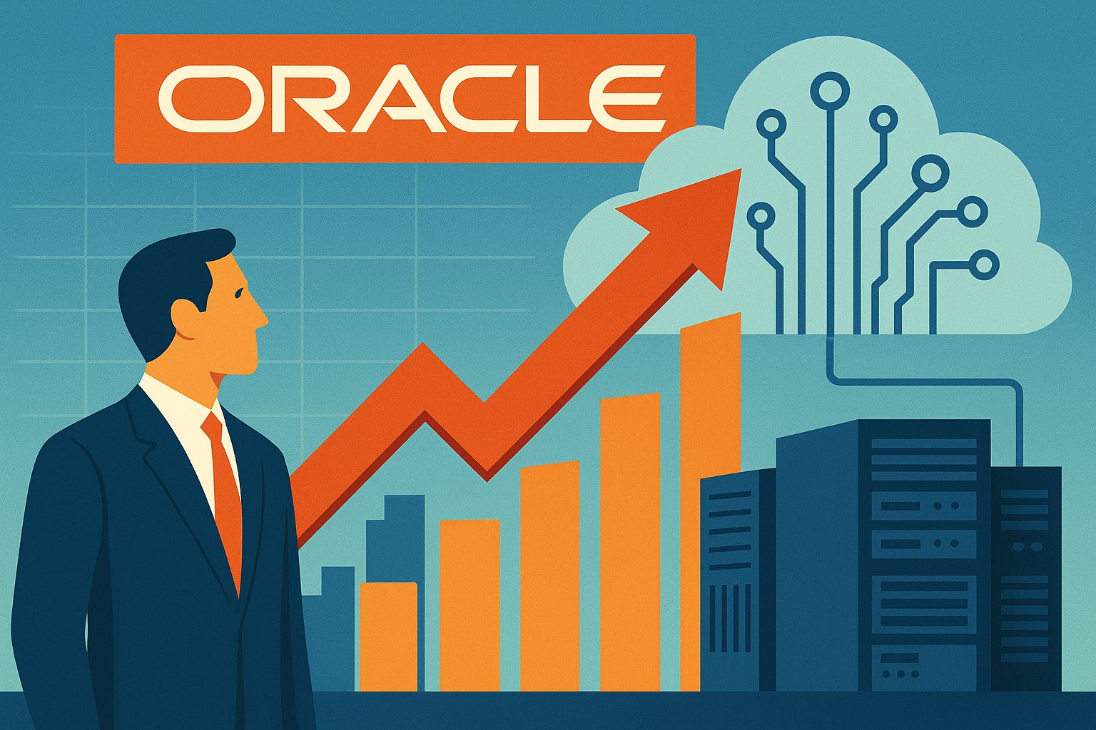 Illustration of Oracle’s stock surge with a red upward arrow, data centers, and a cloud with circuit patterns representing AI infrastructure growth.