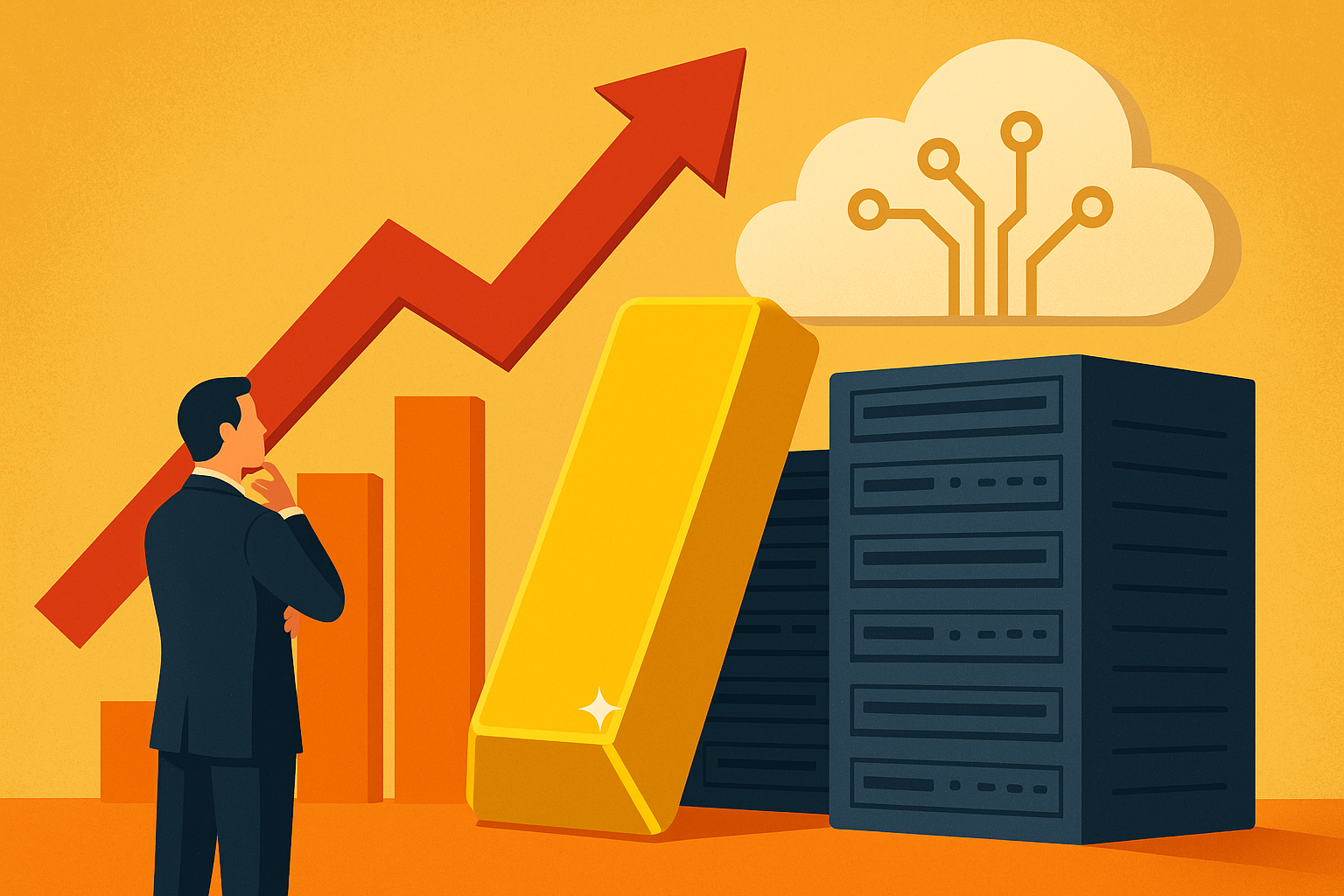 Illustration of a businessman analyzing a rising red arrow, a large gold bar, and mining expansion imagery, symbolizing the strengthening gold market.