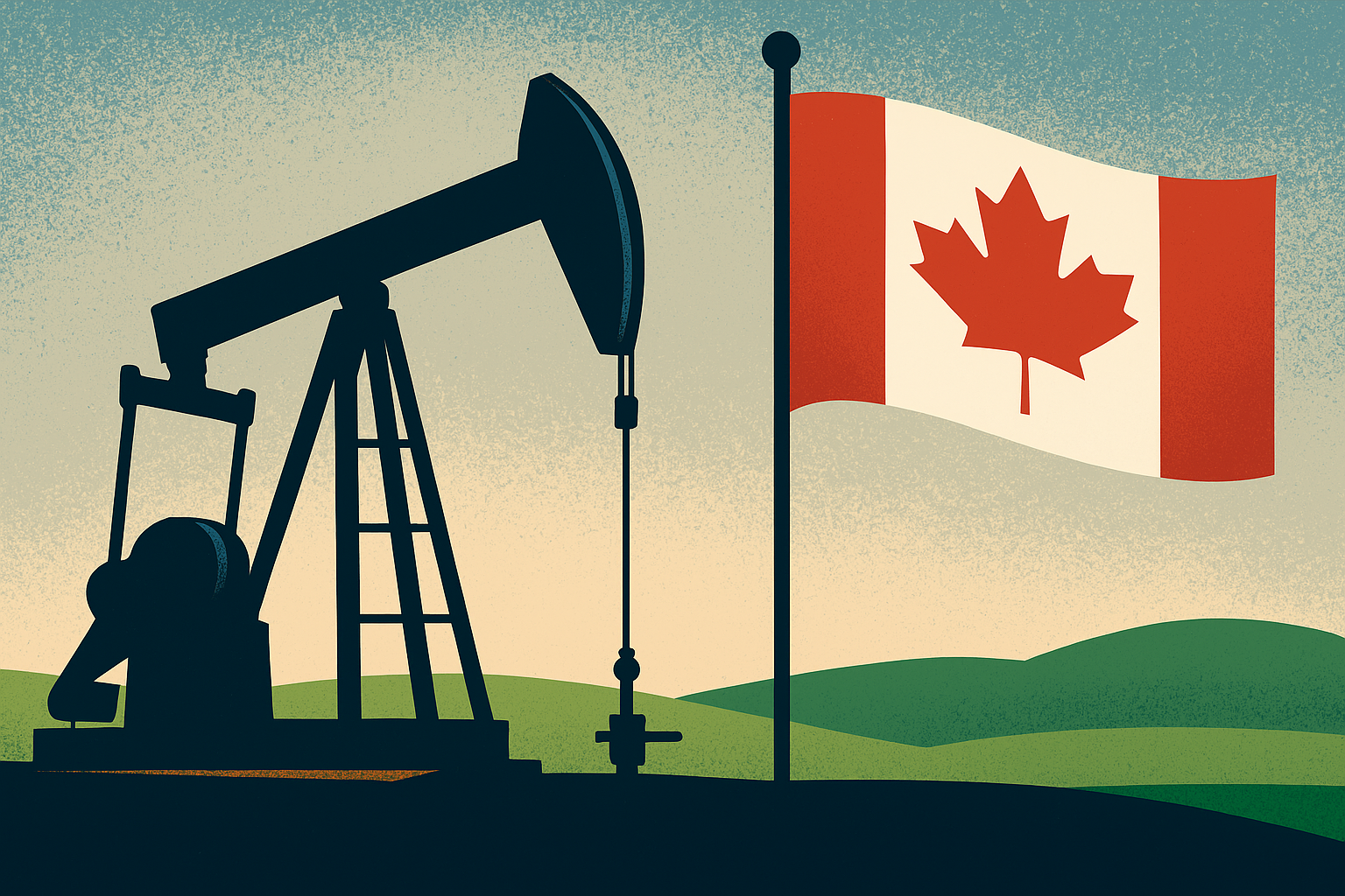 Illustration of an oil pumpjack beside a Canadian flag on rolling green hills under a textured sky.